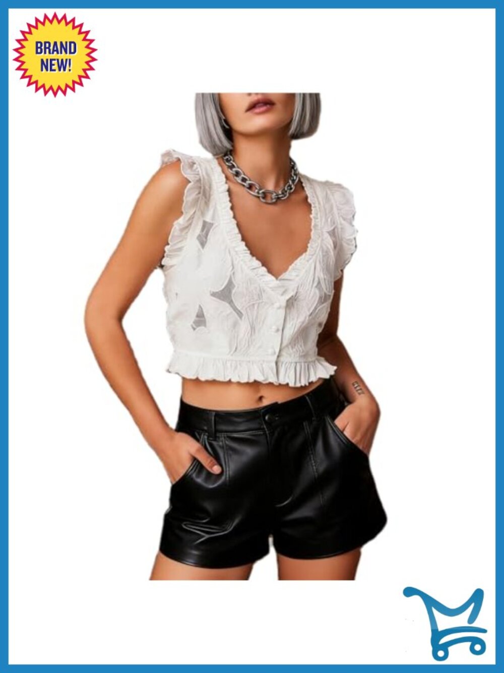 Embroidered Mesh Tank Top Womens Crop Button Down Ruffle Hem Sleeveless